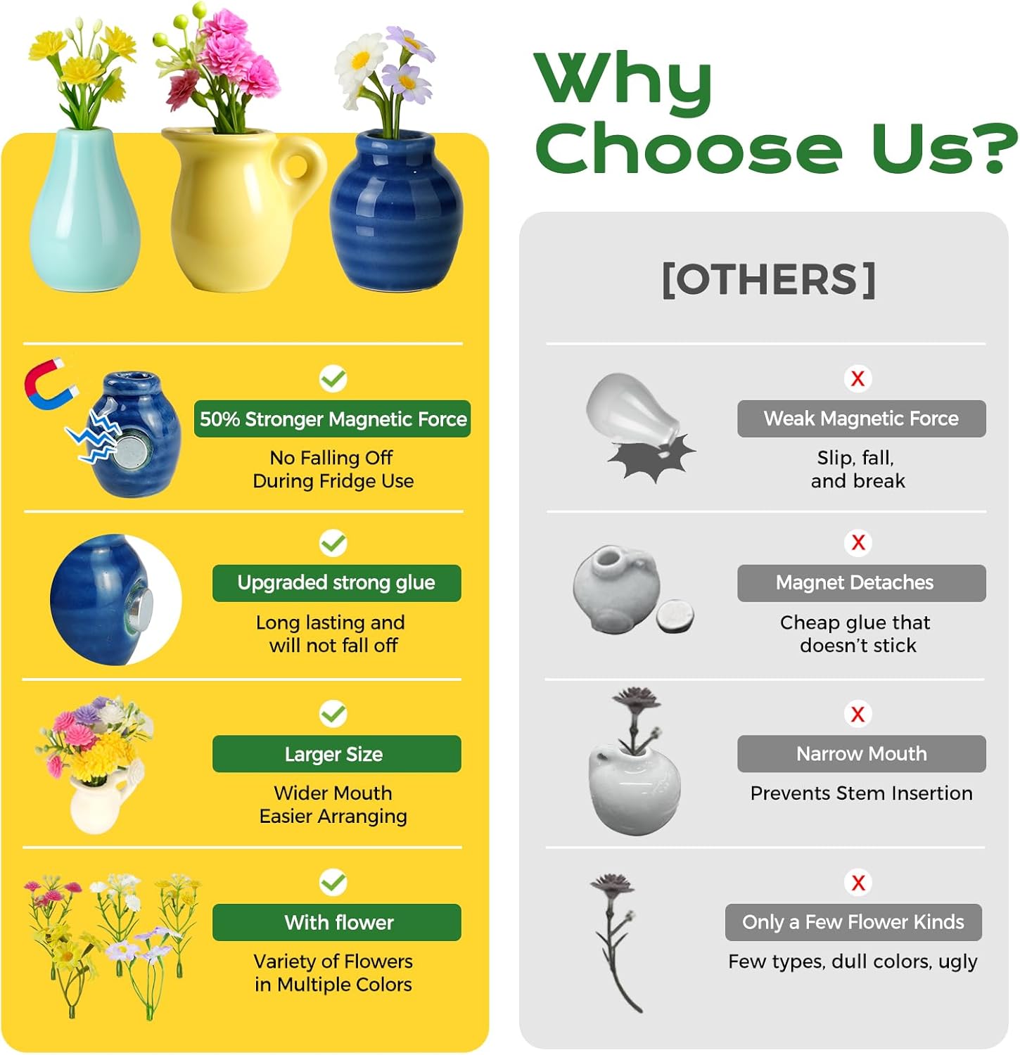 Thumbnail 3 de Renmxj 8-Piece Refrigerator Magnets Set (Mini Ceramic Vase Magnets with Artificial Flowers) for Fridge, Office, and More