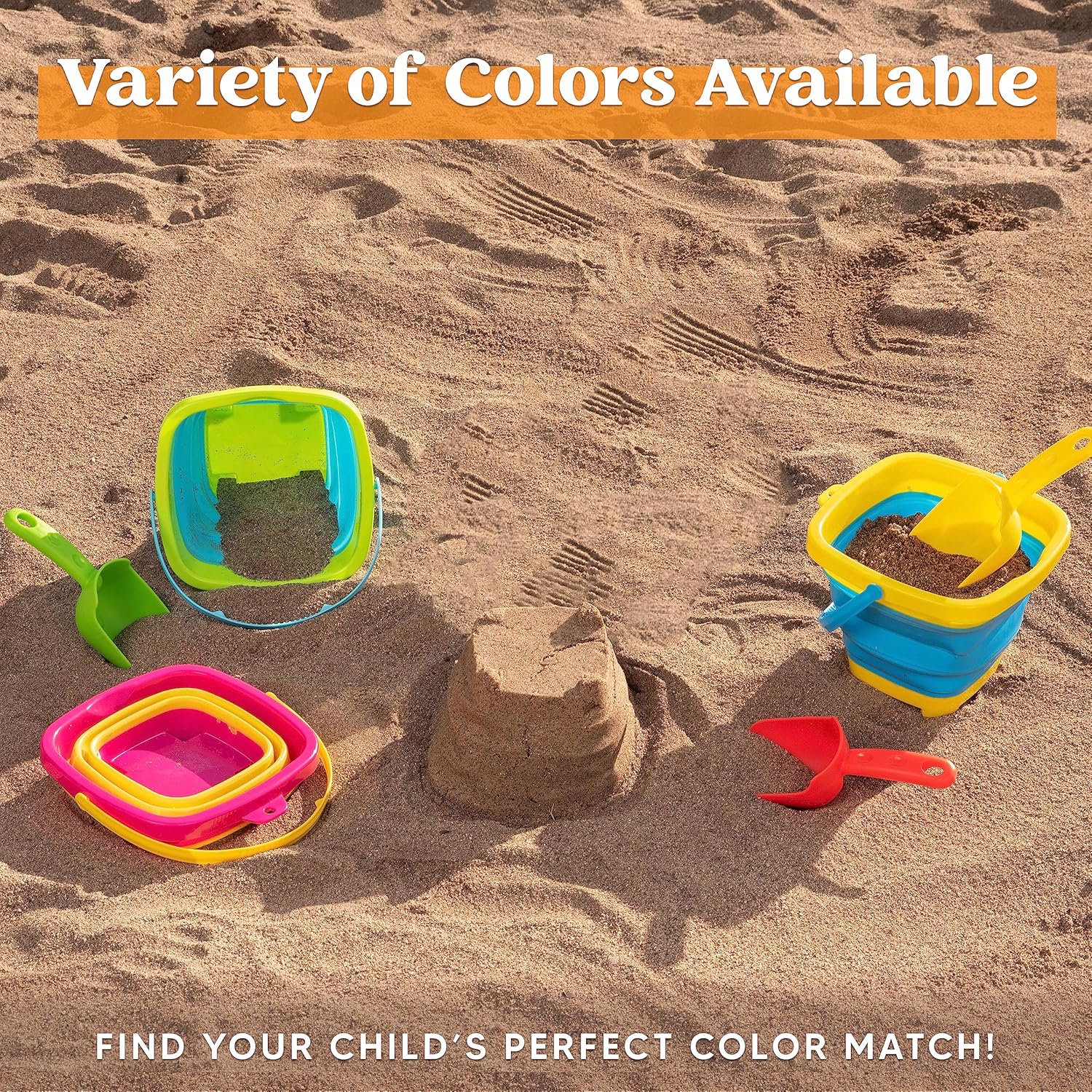 Detalle de Sloosh 3er Set faltbare Eimer für Kinder mit 3 Schaufeln – 2,7 L Kapazität, Sandkasten & Strandspielzeug