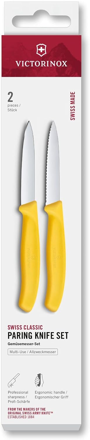 Detalle 2 de Victorinox Swiss Classic Set Coltello per verdure e pomodoro: lama dritta e seghettata in acciaio inox, manico ergonomico giallo