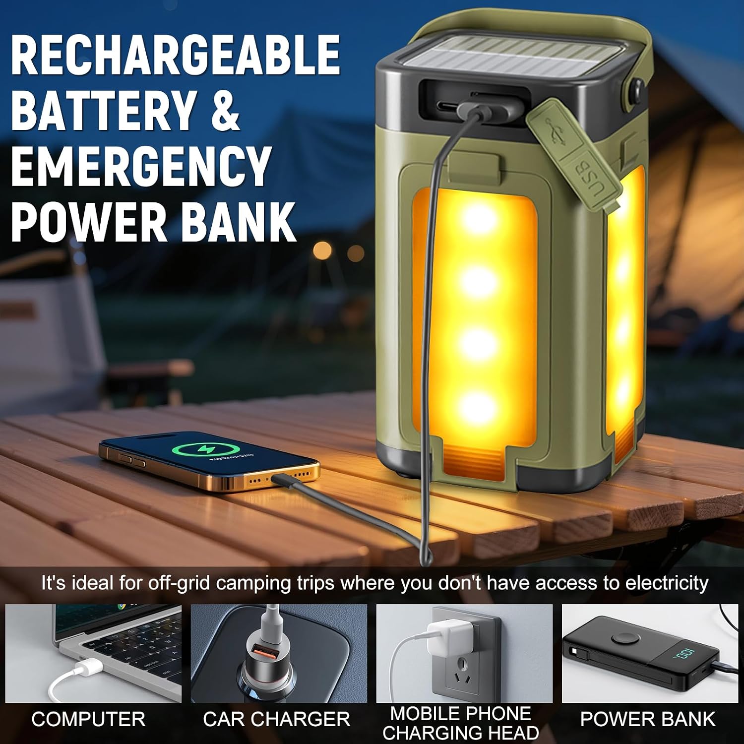 Detalle 2 de Solar Camping Lights Rechargeable 2000 mAh LED Lantern with 6 Modes