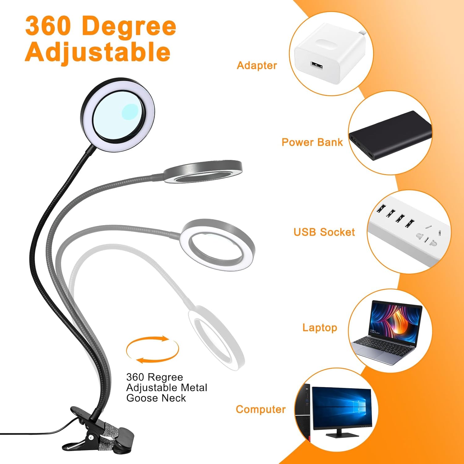 Thumbnail 5 de 20X/10X Dual-lens Magnifying Glass with Light and Timer (2 in 1) – 3 colour modes desk lamp for close-up craft work