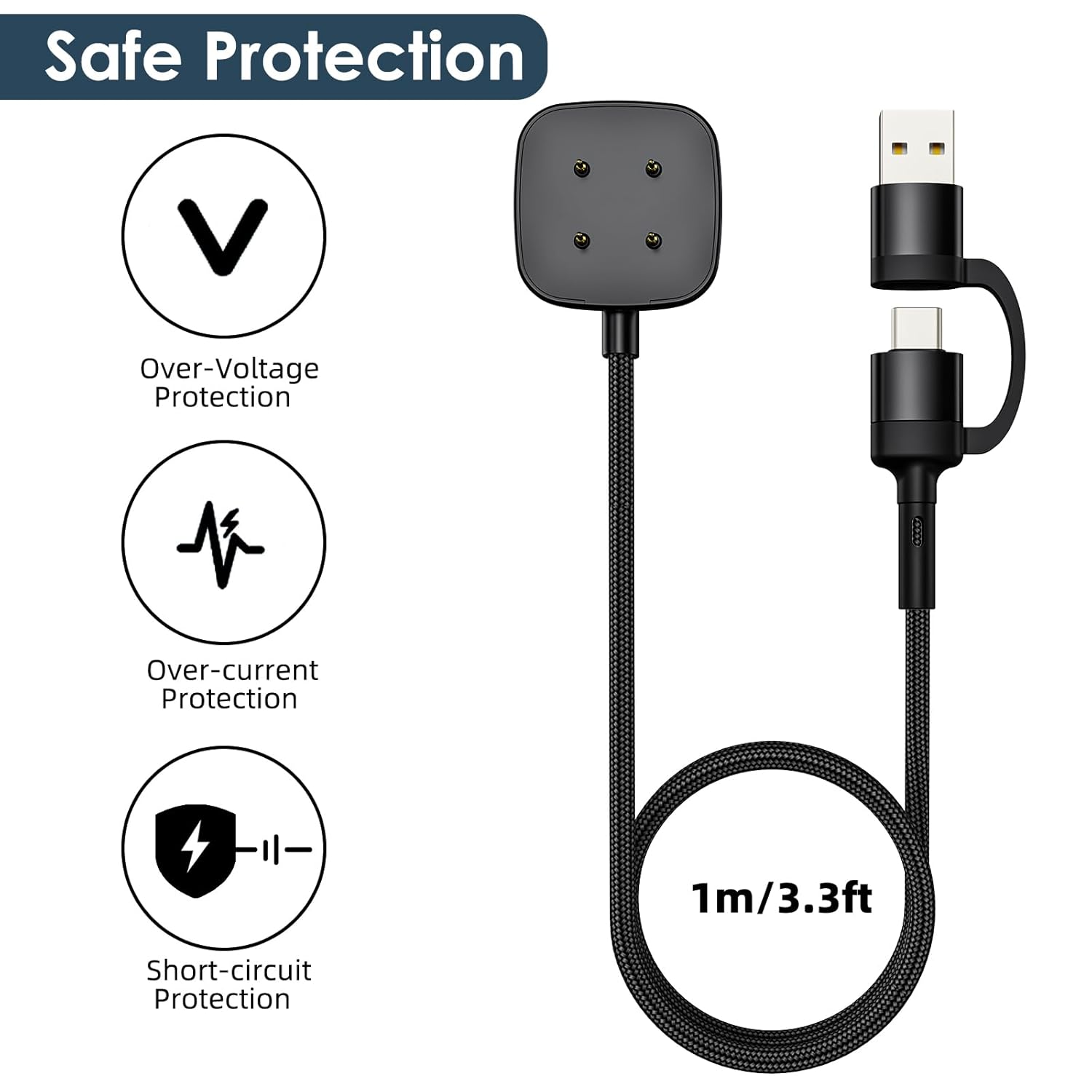 Thumbnail 4 de Autallgee 2 Pack USB A/C Charger for Fitbit Versa 4 / Sense / Versa 3 / Sense 2 and Pixel Watch – 100cm Magnetic Dock