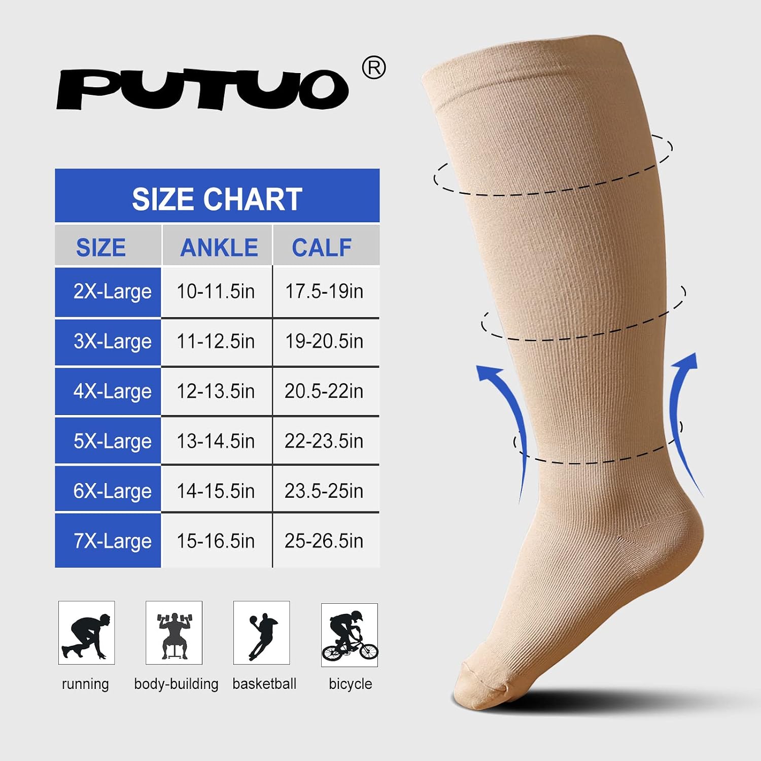 Thumbnail 1 de PUTUO Plus Size Compression Socks: 20-30 mmHg graduated support for travel, work and sport