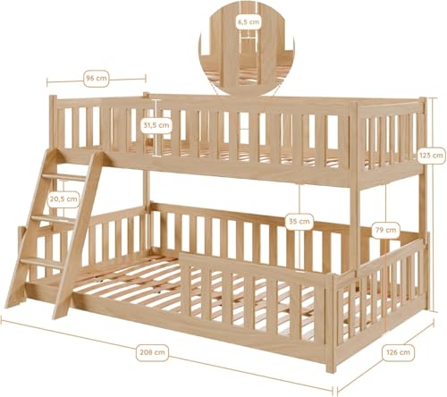 Detalle de Kids Collective Lit superposé 90x200 / 120x200 pour enfant et ado avec échelle, barrières et sommiers à lattes – Finition Naturelle