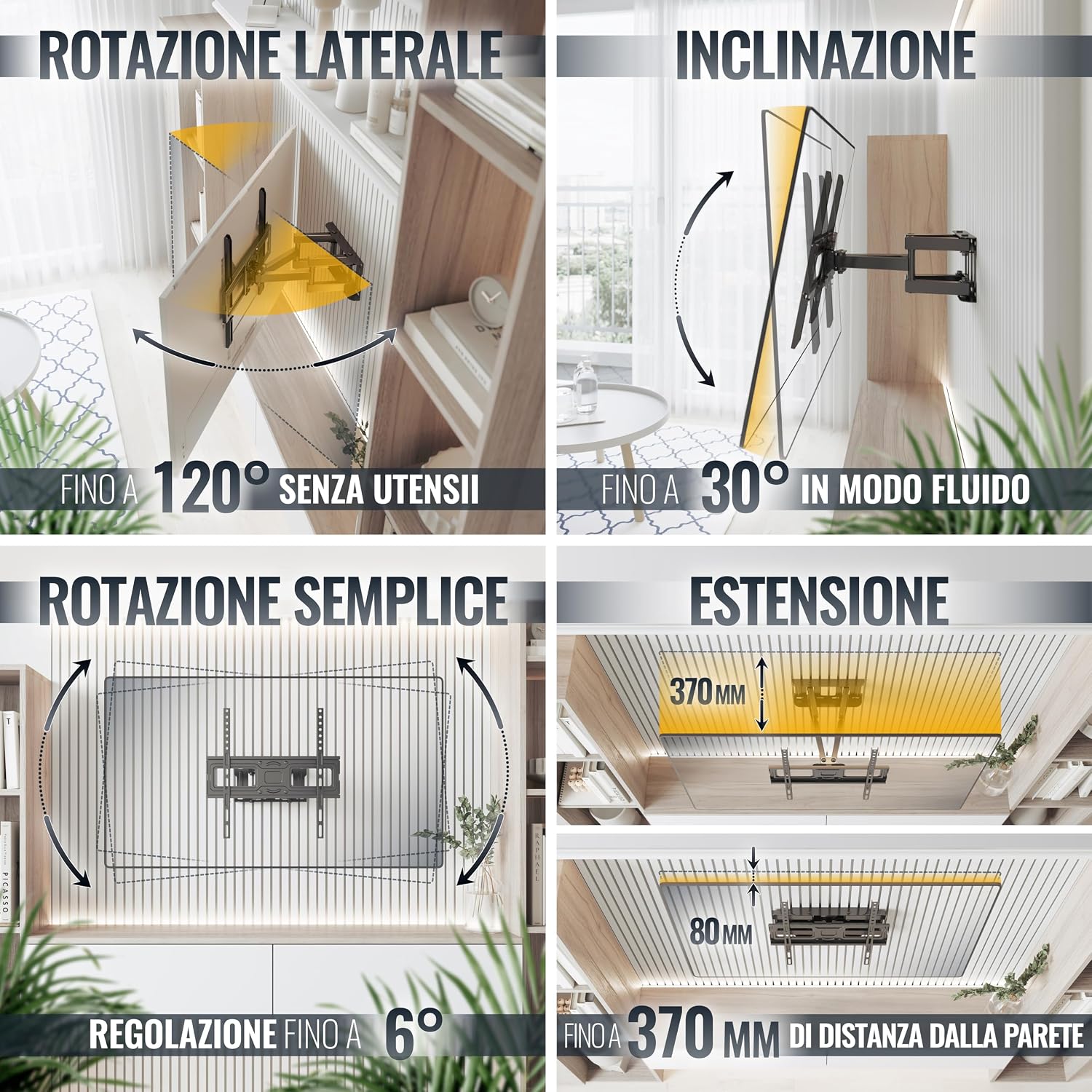 Detalle de RICOO Supporto TV da parete S5244 girevole e inclinabile per TV 32”–55” con VESA 200×200–400×400