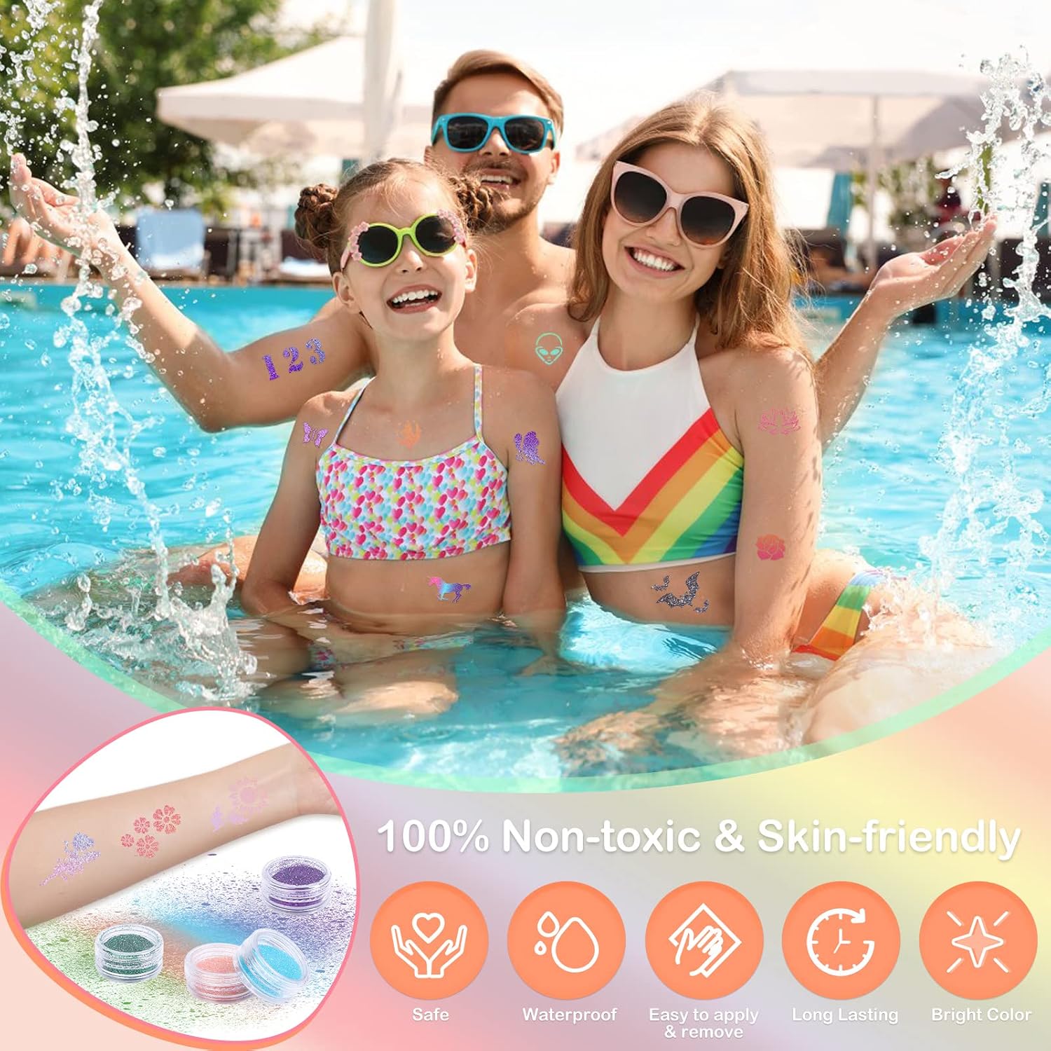 Thumbnail 2 de Highttoy Glitzer Tattoo Set für Mädchen – 38 Farben, 150 Schablonen, 5 Pinsel und 3 Kleber