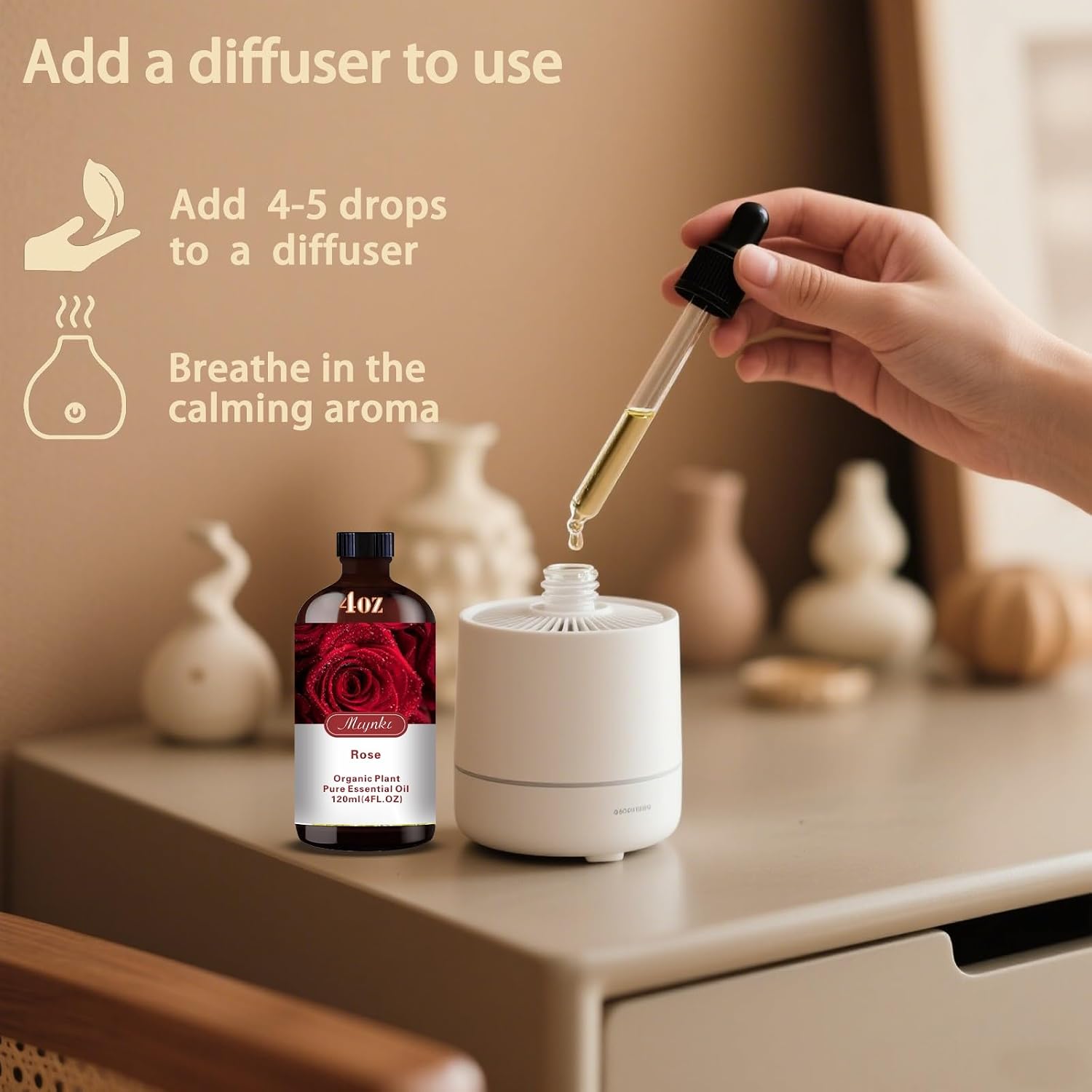 Thumbnail 4 de Rose Essential Oil Diffuser Set (4oz + 0.33oz Roll-On) for Aromatherapy, DIY, and Cleaning