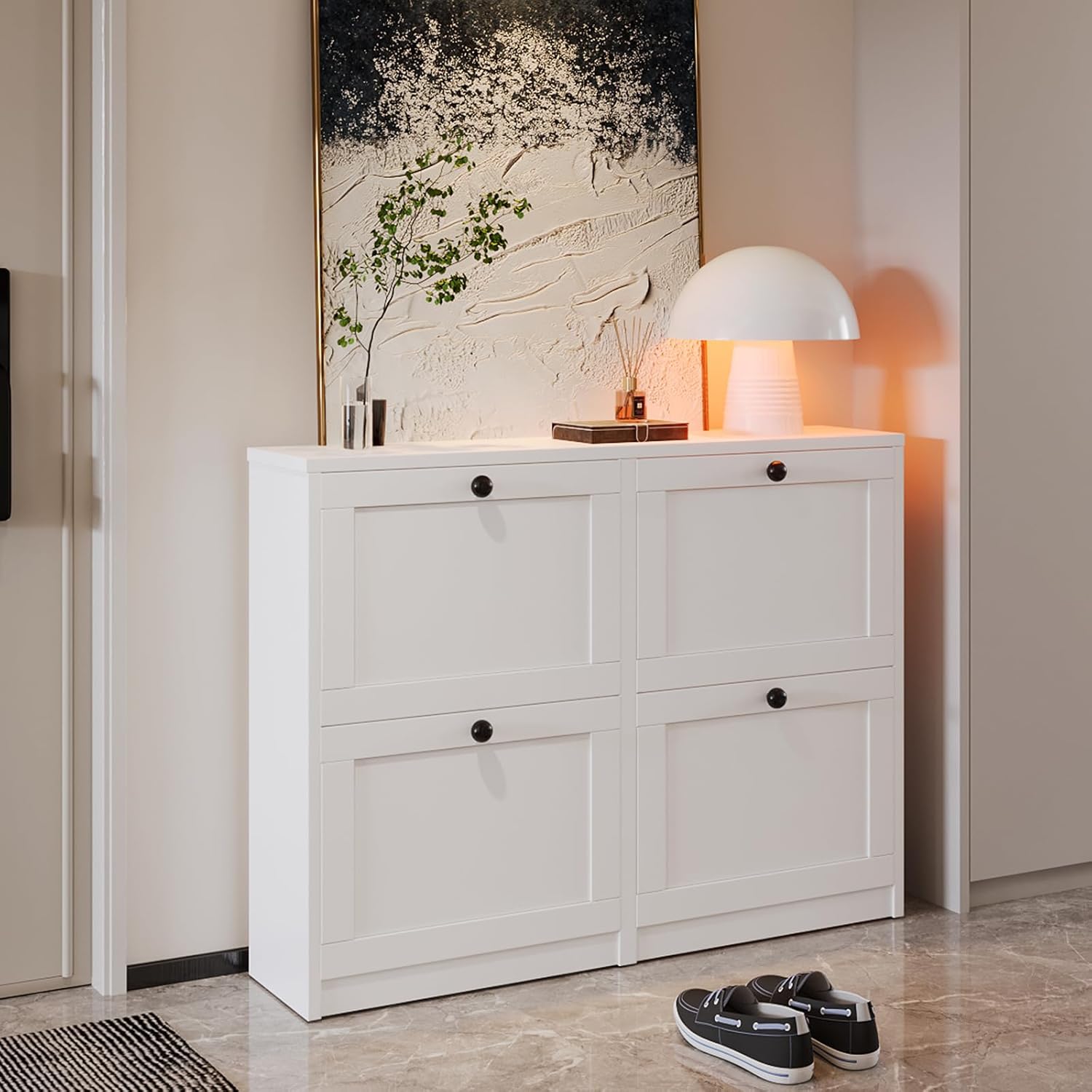 Detalle de VOWNER Scarpiera Slim: Scarpiera Portascarpe in Legno a 4 Cassetti, 105x80x24 cm, Bianco