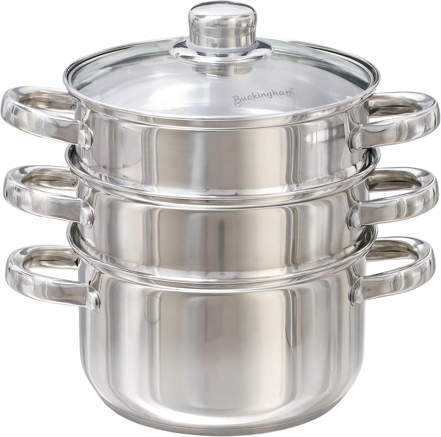 Detalle de Buckingham 3 Tier Premier Steamer Set with Glass Lid (18 cm) – Polished Mirror Stainless Steel, Induction Compatible