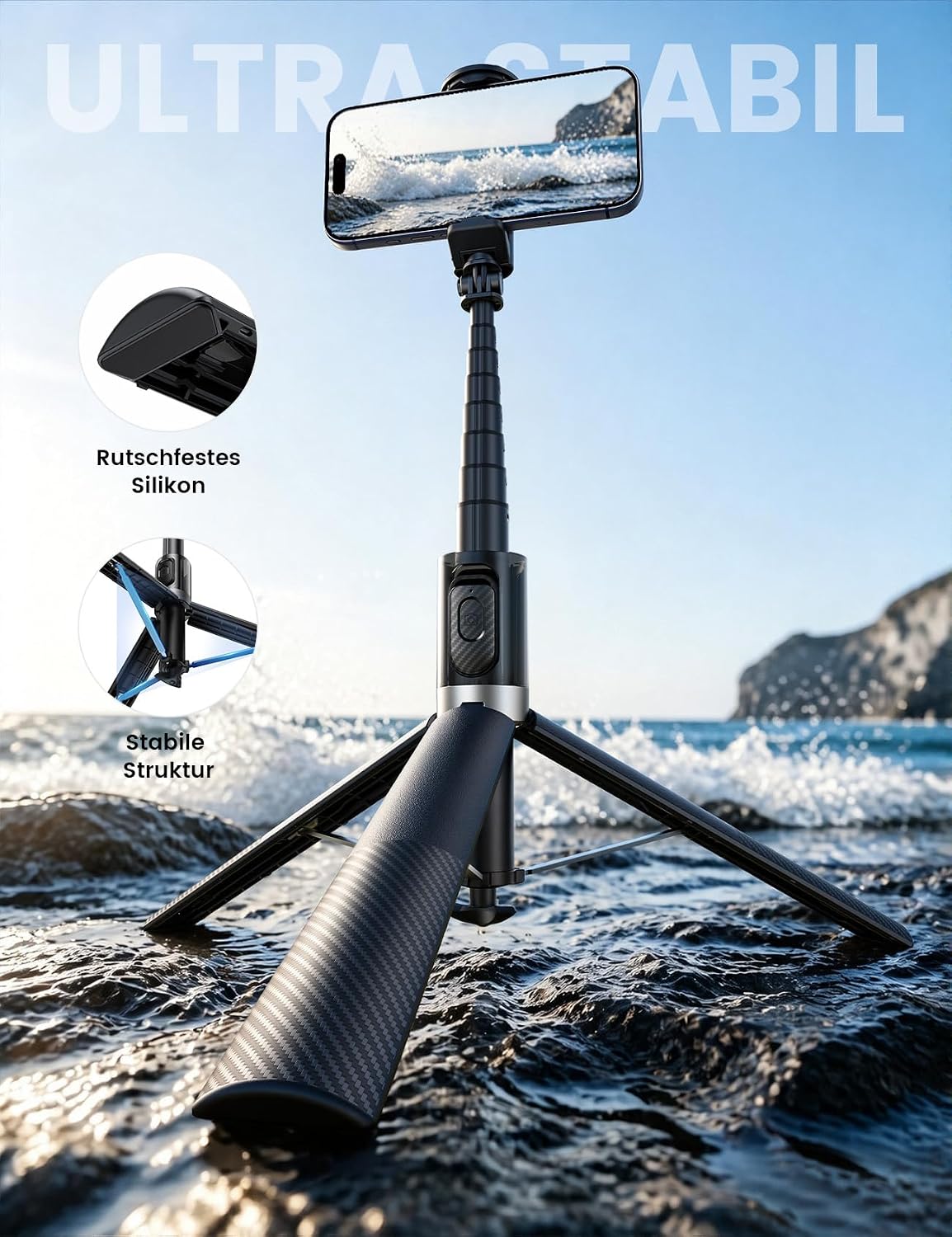 Detalle de Lamicall Handy Stativ 3-in-1: Selfie Stick mit Automatik-Öffnung und Fernbedienung – 165 cm