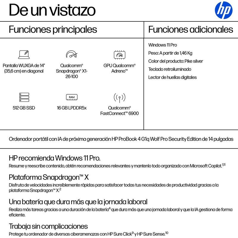 Detalle 2 de HP ProBook 4 G1q 14": Portátil con Snapdragon X1-26-100, 16 GB/512 GB SSD y Windows 11 Pro