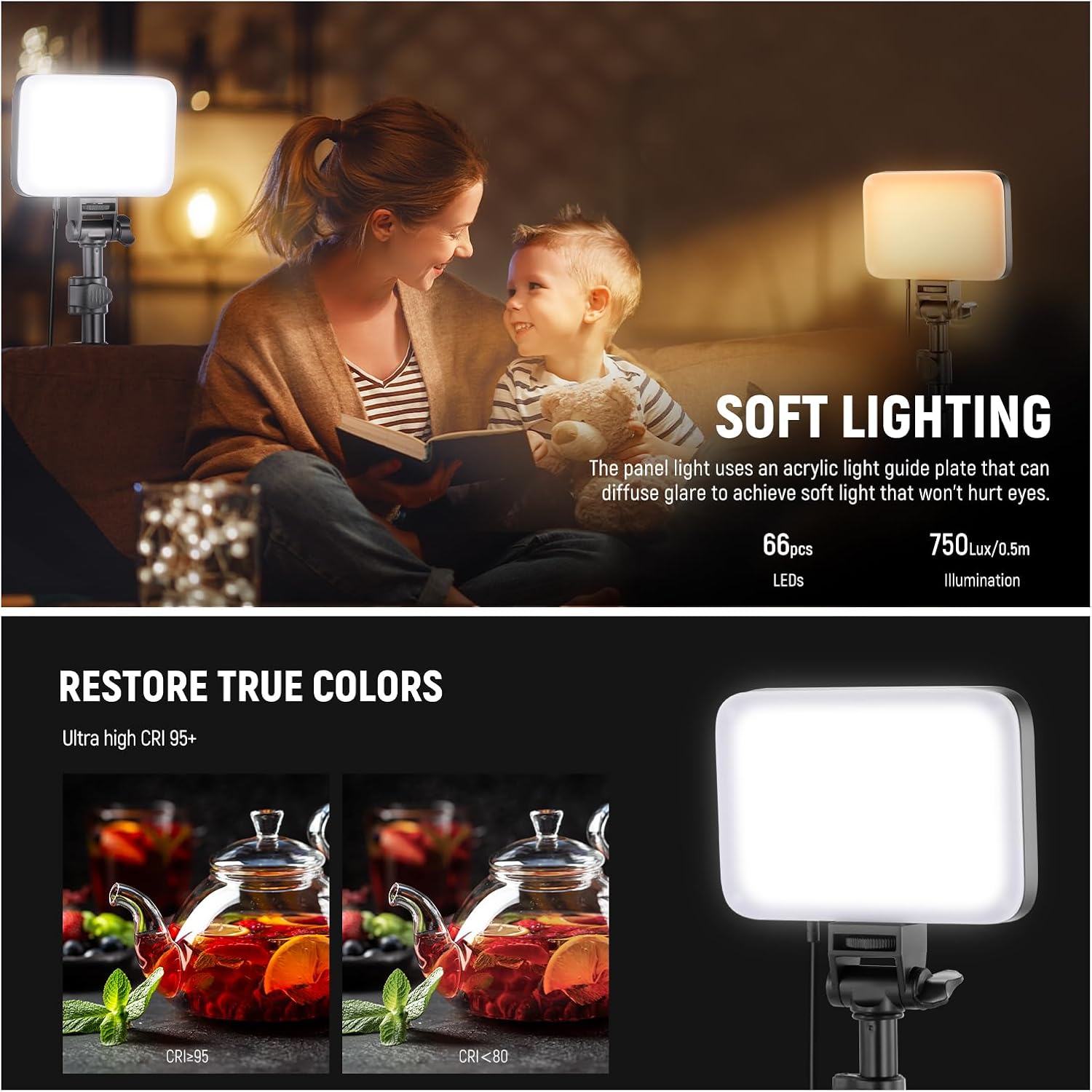 Thumbnail 2 de NEEWER BASICS Kit di illuminazione a pannello LED per video, 2 pezzi, bicolore 3200K–5600K (CRI95) con stativi e filtri