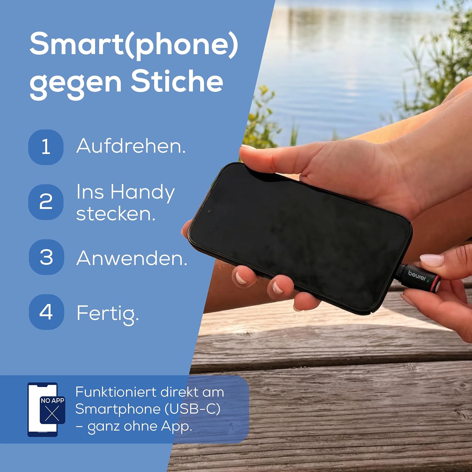 Detalle de Beurer BiteX Go Deep Black – Insektenstichheiler am Smartphone, USB‑C, Licht und zwei Programme