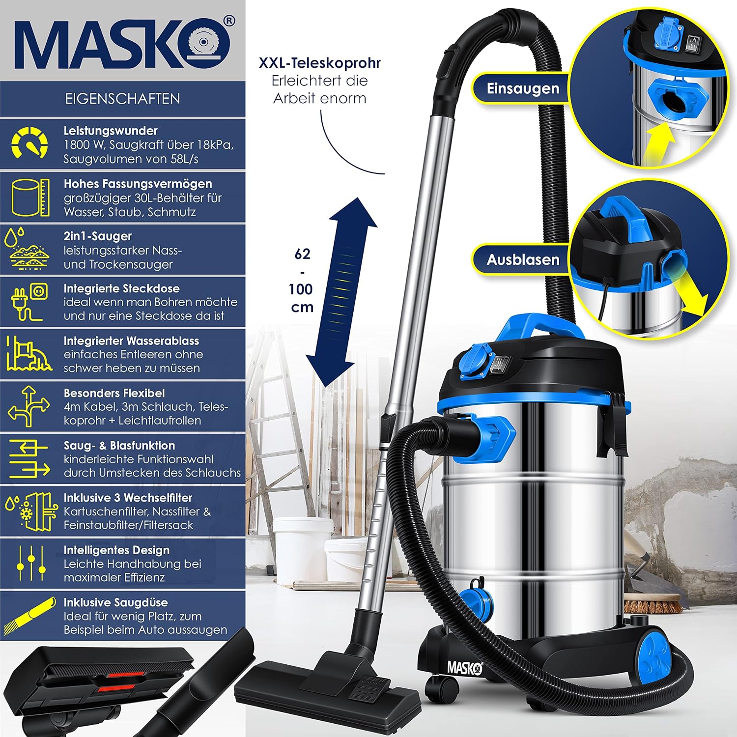 Thumbnail 1 de MASKO Industriestaubsauger Nass/Trocken 1800W — 30L, 58 l/s, 3-in-1 Filtersystem, Push&Clean, Blau