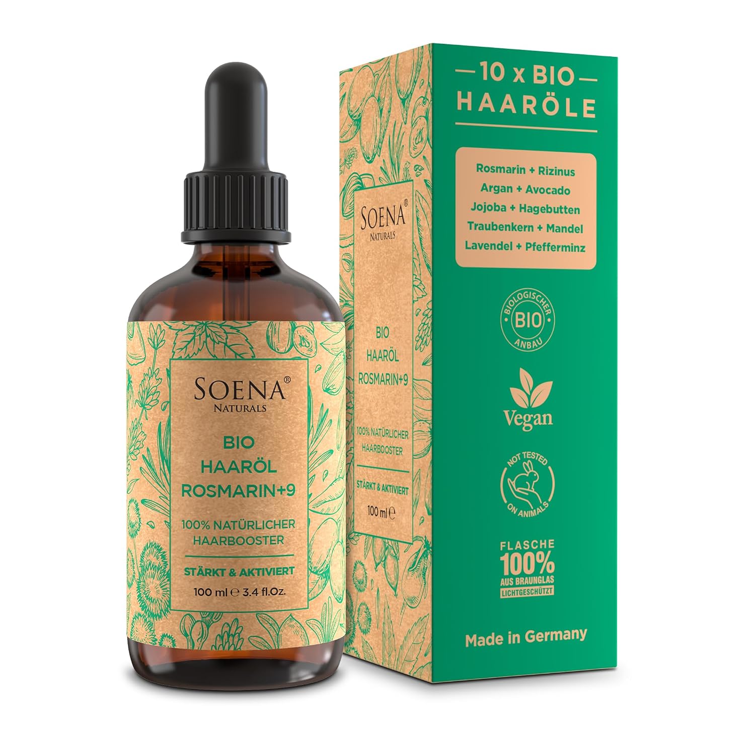 Detalle de BIO Haaröl Rosmarin+9 – Wachstumsöle für Haarstärkung, 100% Bio, Made in Germany