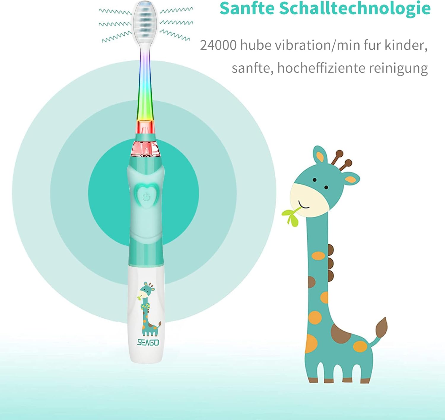 Detalle de seago SG-977 Kinder-Elektrische Zahnbürste (grün) ab 3 Jahren mit Smart-Timer, LED-Licht und 4 weichen Bürstenköpfen