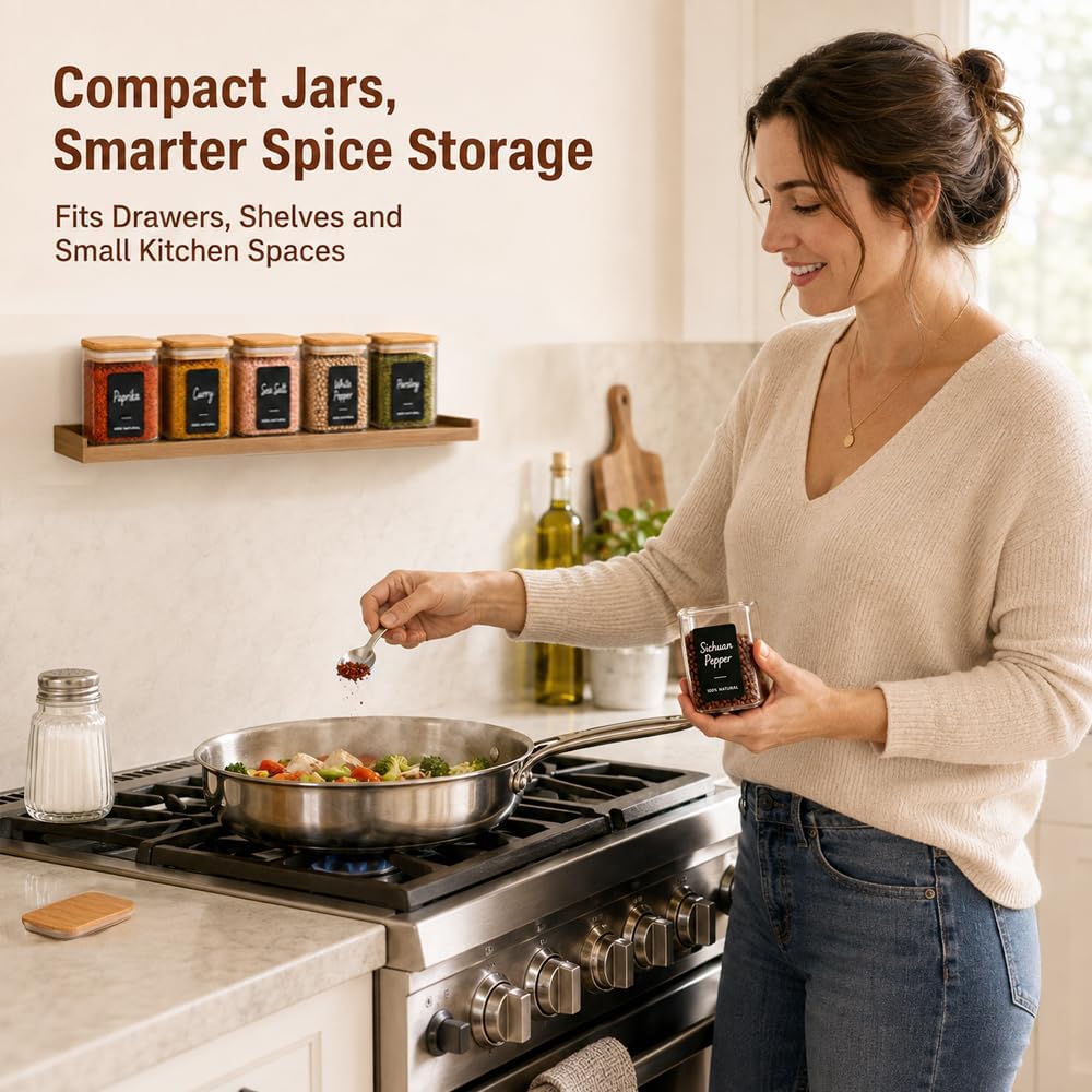 Detalle 2 de ComSaf 240 ml Glass Spice Jars, 6 Pack with Bamboo Lids and Labels
