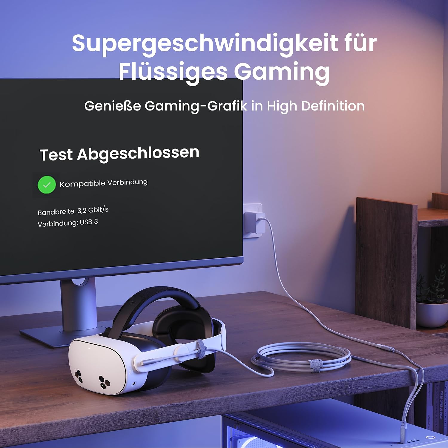 Detalle de KIWI design Link-Kabel mit Ladefunktion, 5 m – USB 3.0 zu USB‑C für Meta Quest 3/3s/2/Pro und Pico 4