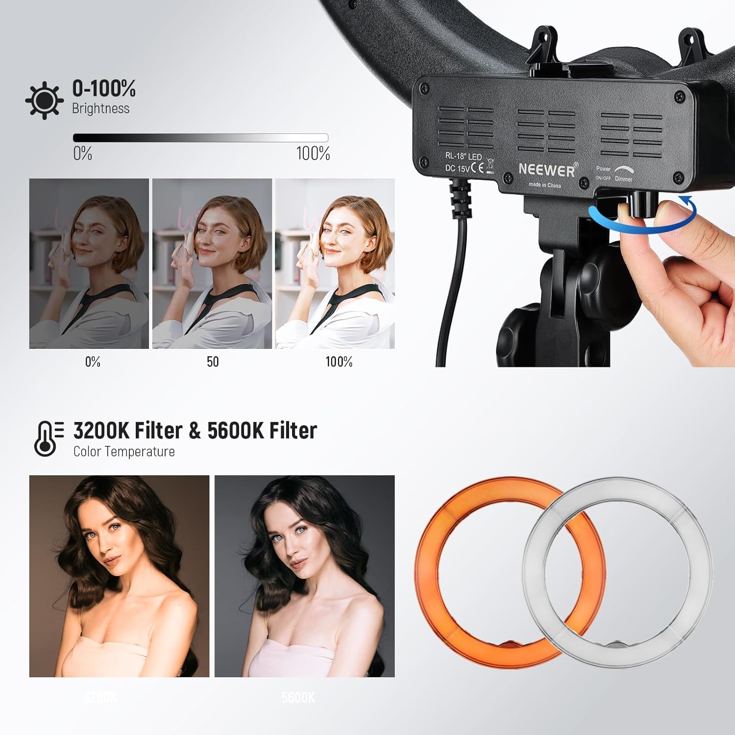 Thumbnail 2 de NEEWER RL-18 18 inch / 45cm LED ring light with tripod stand and phone holder (58W, 5600K, CRI 95)