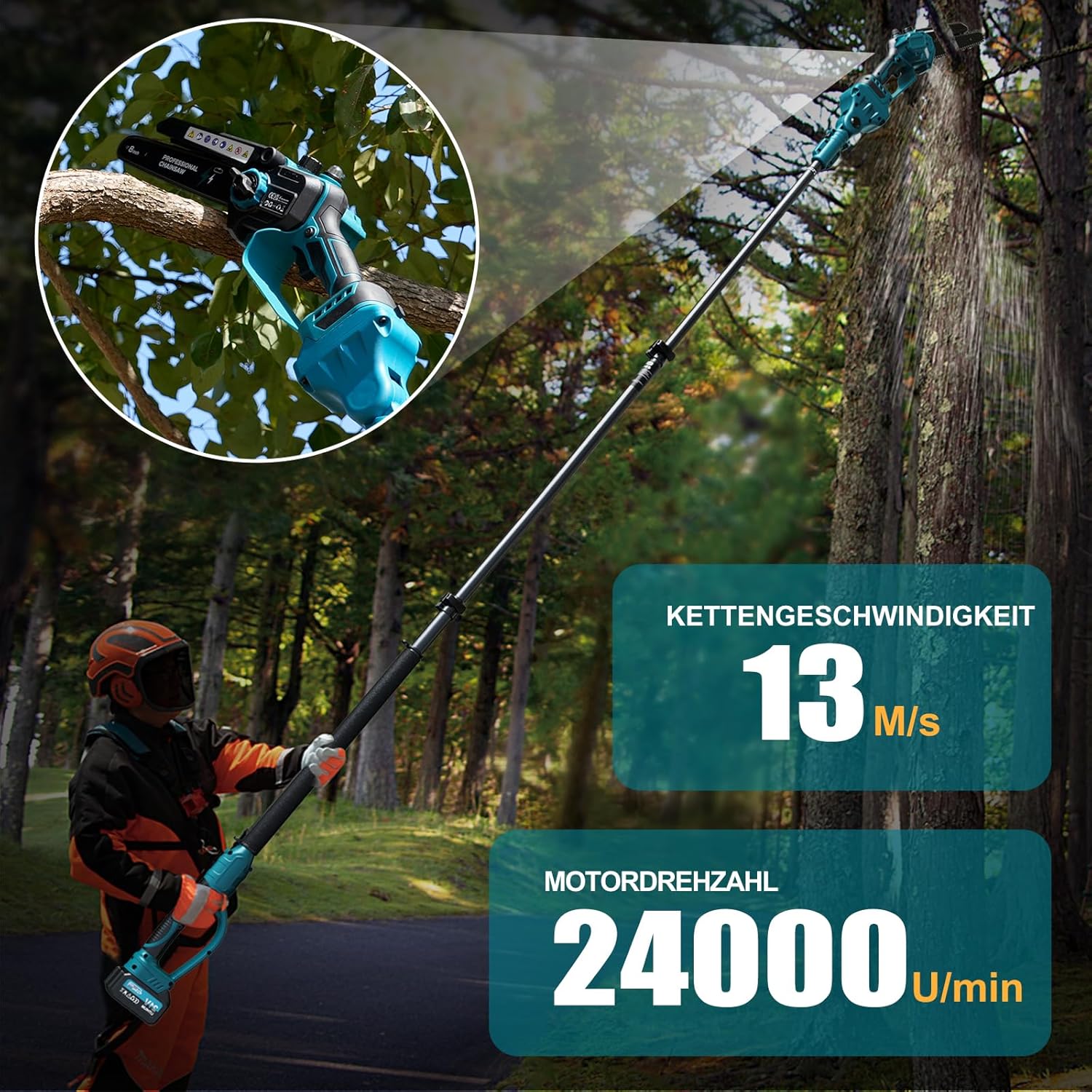 Detalle de 2-in-1 Mini Kettensäge 8 Zoll mit Teleskopstange – kabellos, 1200W, 4 m Reichweite