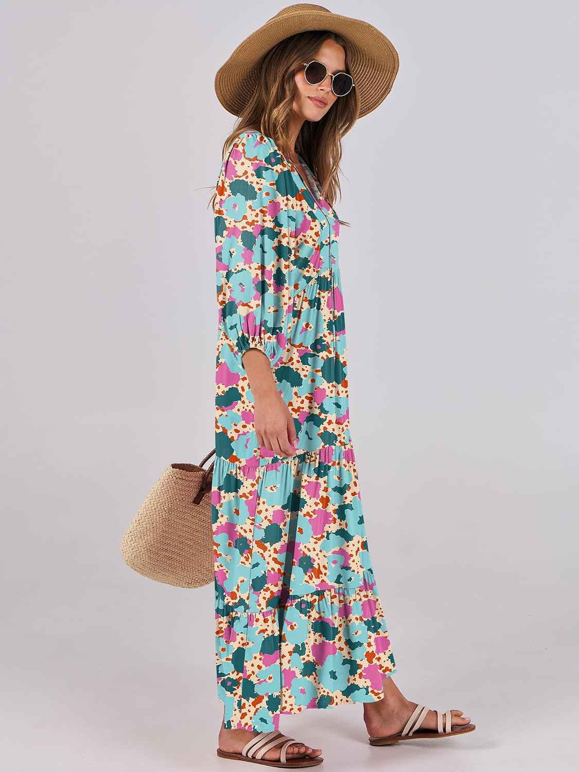 Detalle 2 de ANRABESS Womens Boho Floral 3/4 Puff Sleeve Maxi Dress