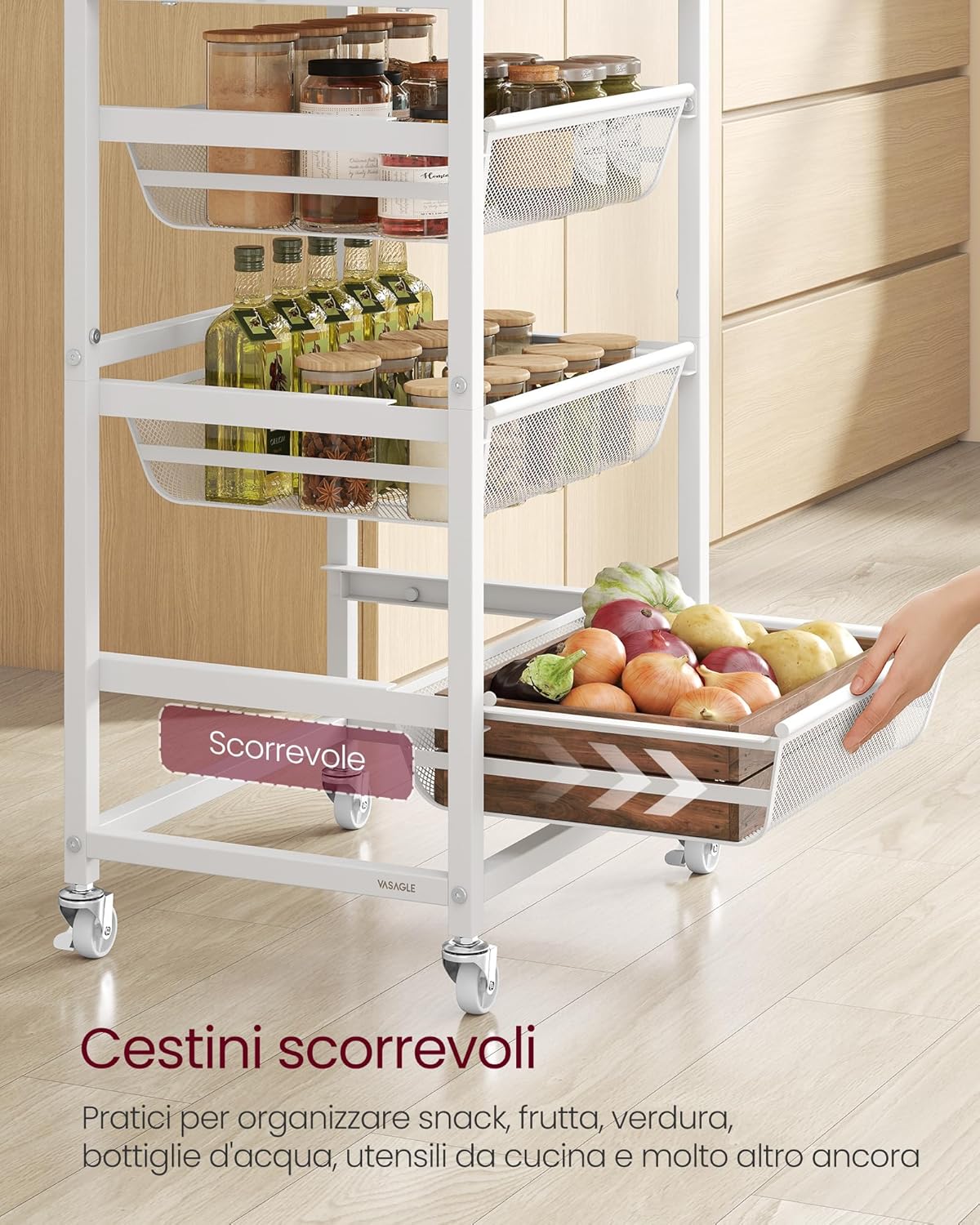 Thumbnail 2 de VASAGLE Carrello da Cucina a 5 Ripiani con Cesti Scorrevoli – Rovere Dorato e Bianco Opaco (LRC041YA01)