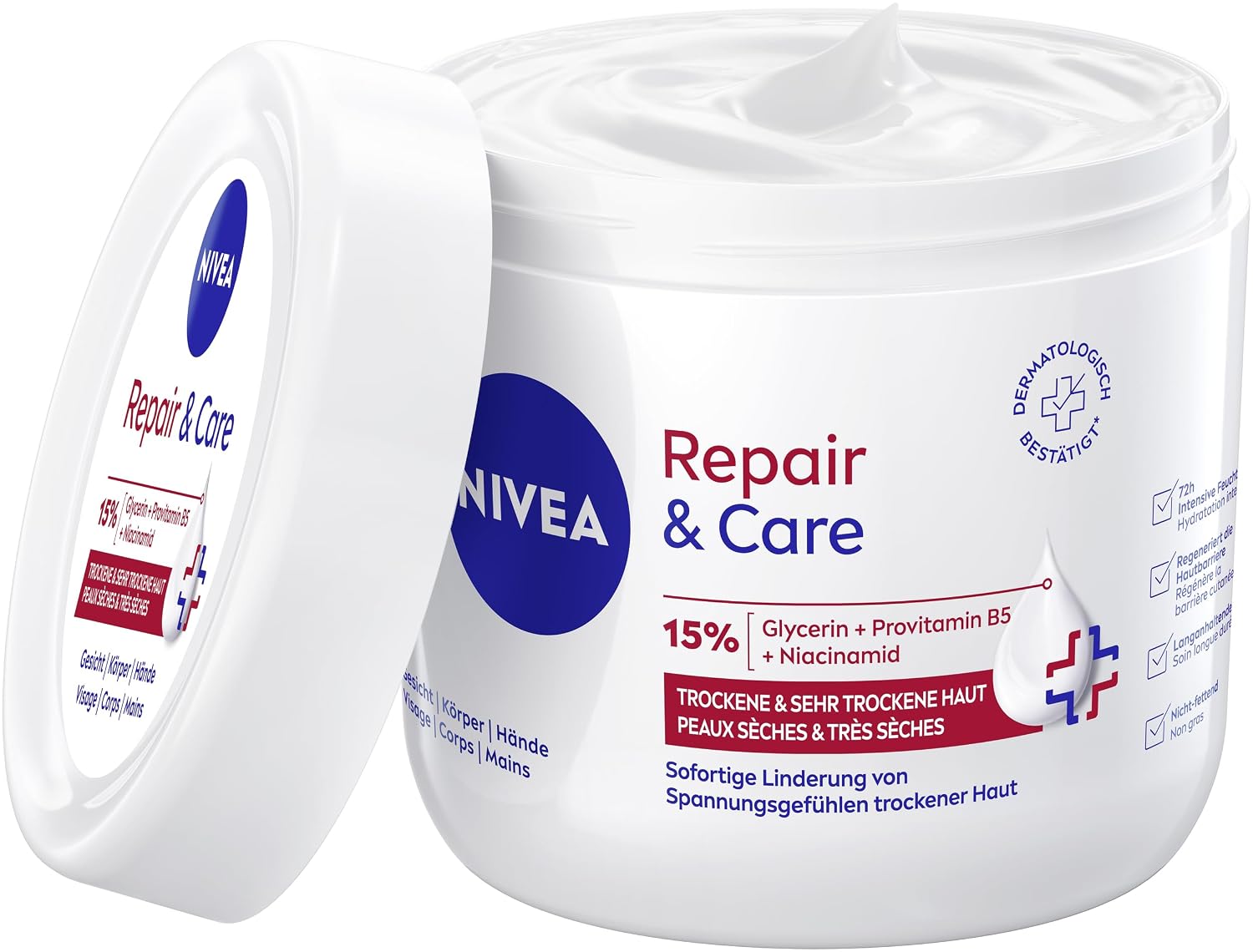 Detalle de NIVEA Repair & Care Creme 400 ml – feuchtigkeitsspendende, nicht fettende Körpercreme für sehr trockene Haut