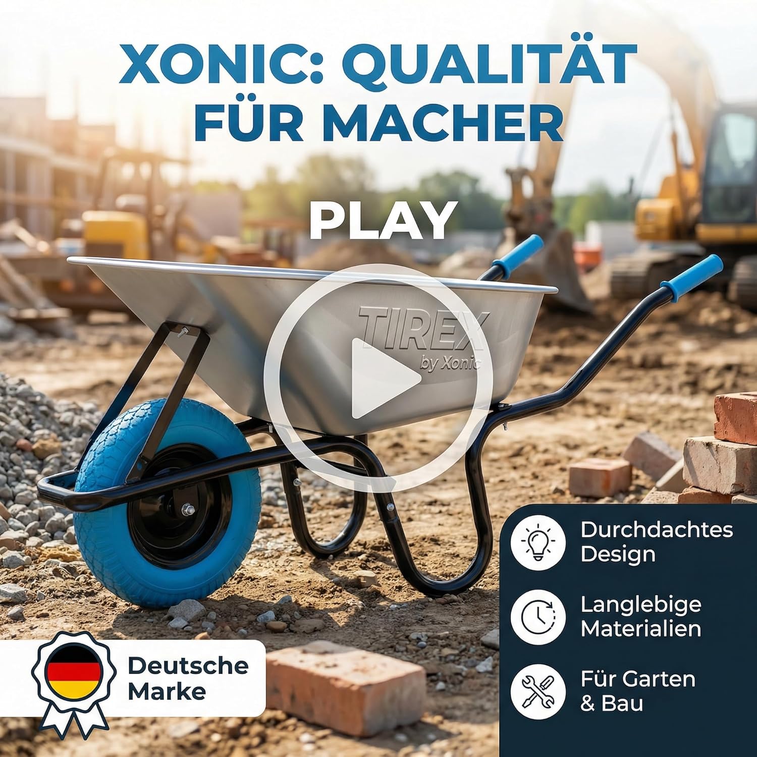 Thumbnail 6 de TIREX by xonic Schubkarre mit Stahlfelge – verzinkte Wanne bis 250 kg / 100 l, PU-Vollgummi-Rad (Blau/Silber)