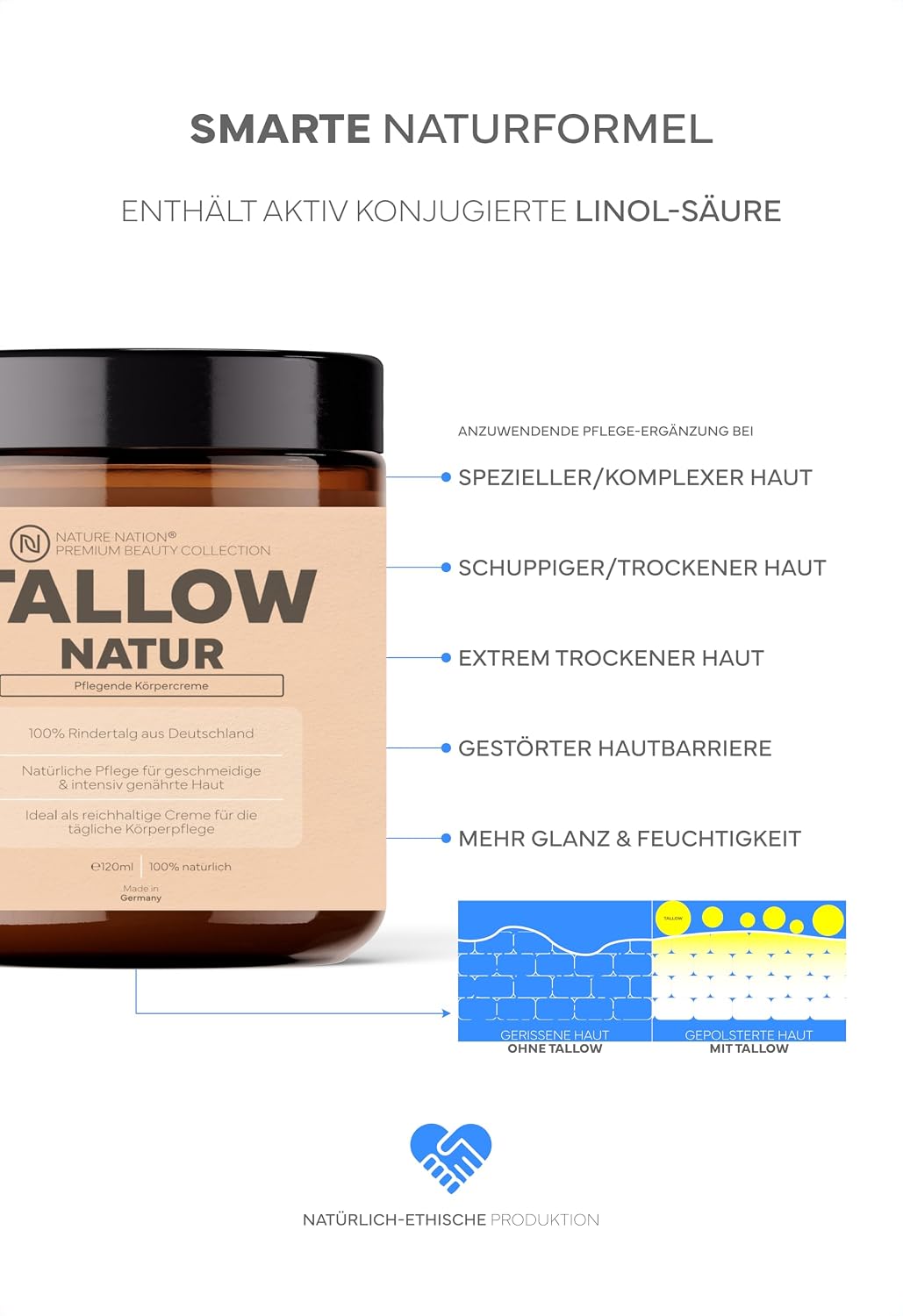 Detalle 2 de Tallow Rindertalg – Beef Tallow Creme, 120 ml, Hautpflege aus deutscher Weidehaltung