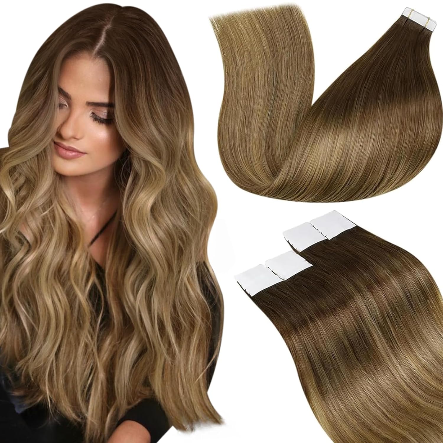Detalle de LaaVoo Extensions Echthaar Tape in – Ombre Braun/Blond Balayage, Remy Echthaar, 20 Strähnen (50 g)