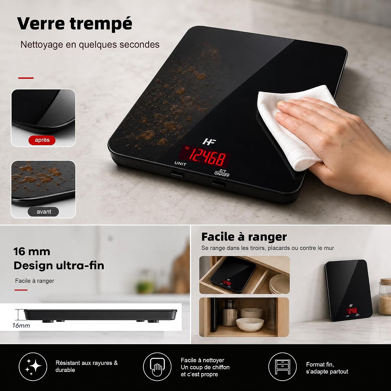 Detalle 2 de HomeFashion GRANDE keukenweegschaal 20 kg, 1 g en gehard glas 22 × 16 cm