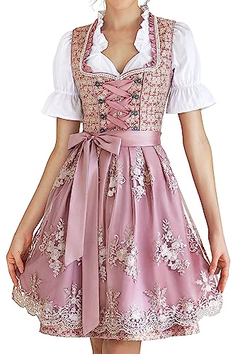 Detalle de EIISSION Dirndl Damen Midi Trachtenkleid inklusive Rock, Bluse und Schürze – Pink, Größe 36