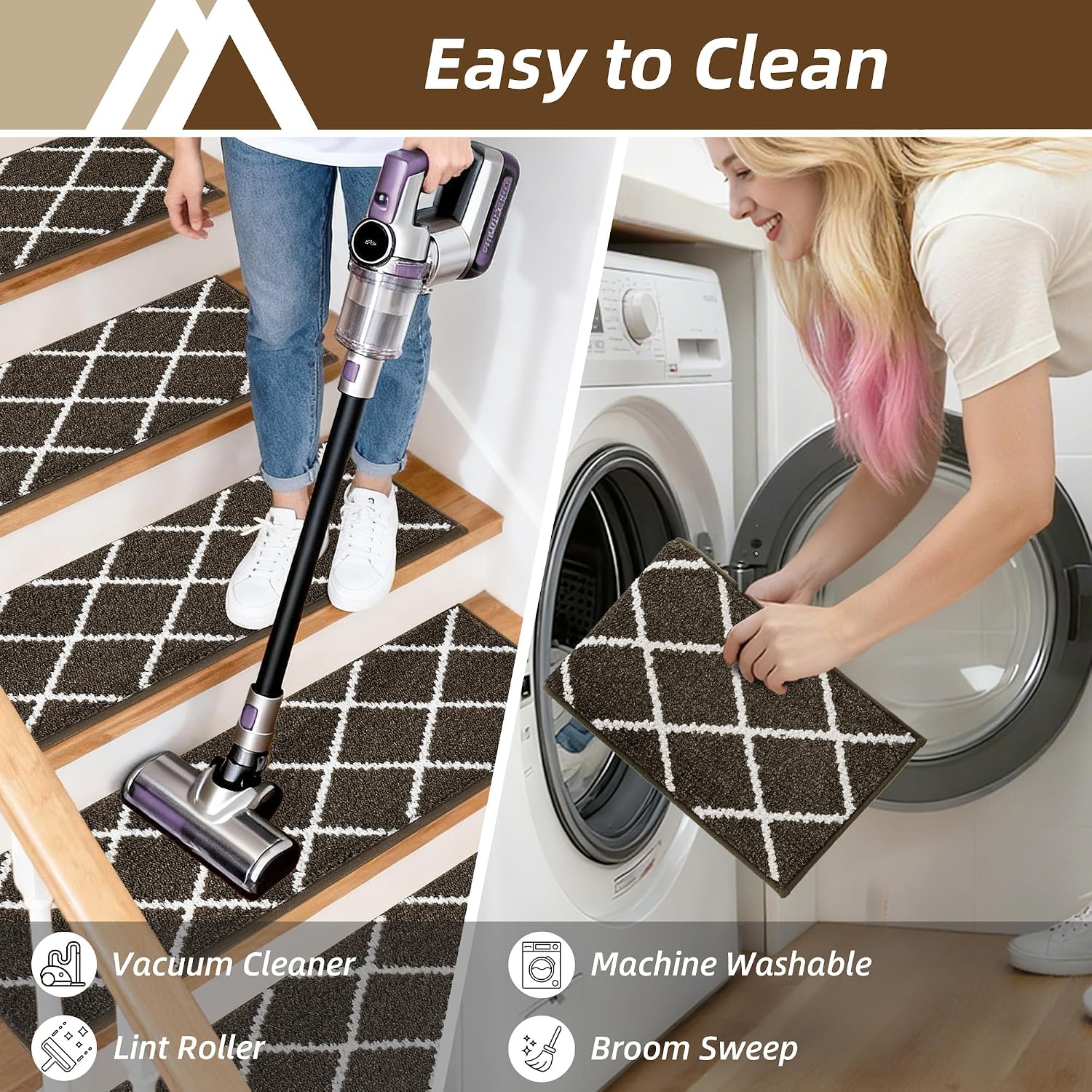 Detalle 2 de COSY HOMEER Plaid Stair Treads, 15-Piece Washable Set, 9" x 28", Brown