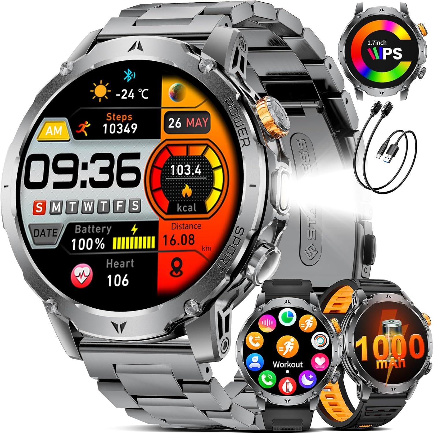 Detalle de LIGE Smartwatch Uomo EF24 con batteria da 1000mAh, display 1,7" e chiamate Bluetooth