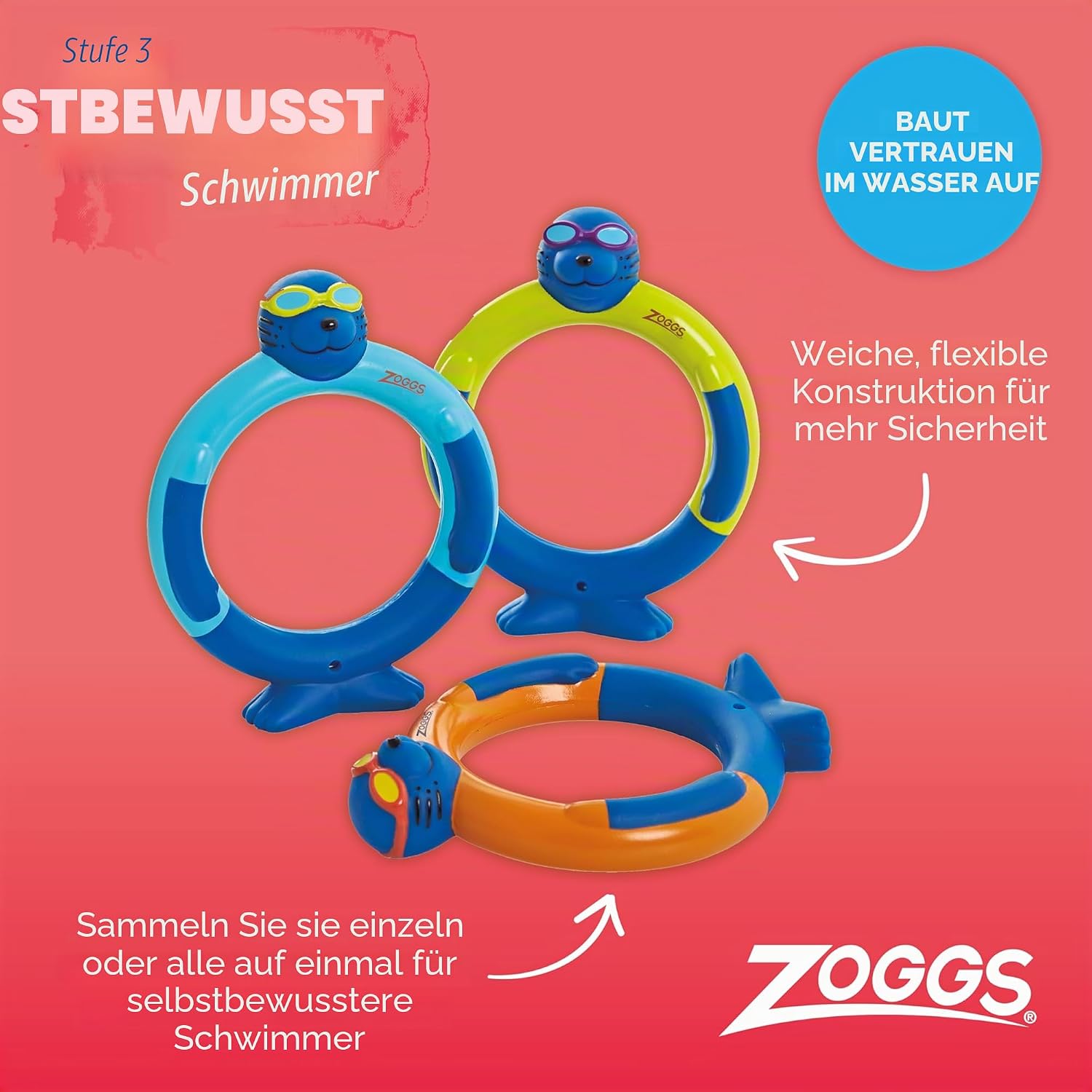 Detalle de Zoggs Dive Rings Tauchringe – kindgerechtes Tauchs Spielzeug für Wassergewöhnung und Poolabenteuer