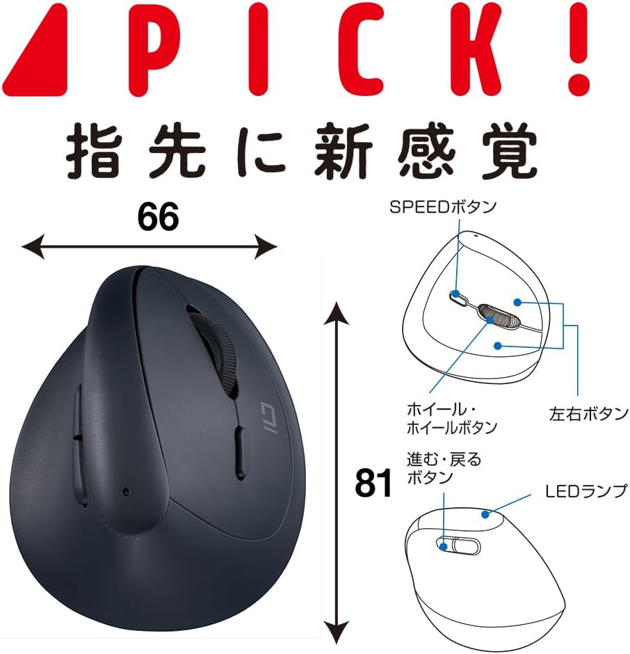 Detalle 2 de ナカバヤシ Digio2 ミニ エルゴノミクス Bluetoothマウス 5ボタン・静音・BlueLED ブラック