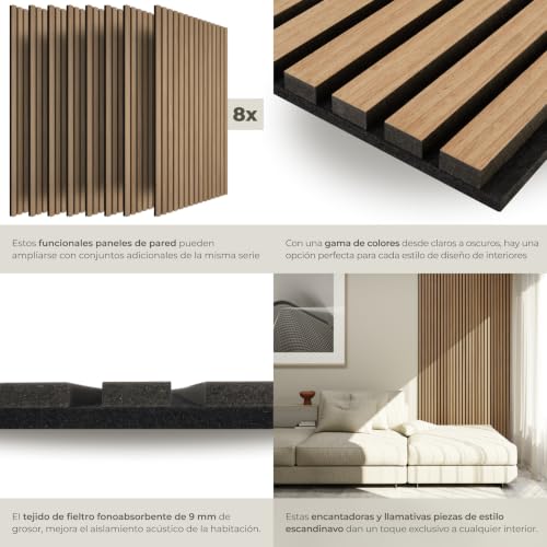 Detalle 2 de tectake Paneles Acústicos 110 x 50 cm: Madera real, fieltro fonoabsorbente 3D (8 paneles)