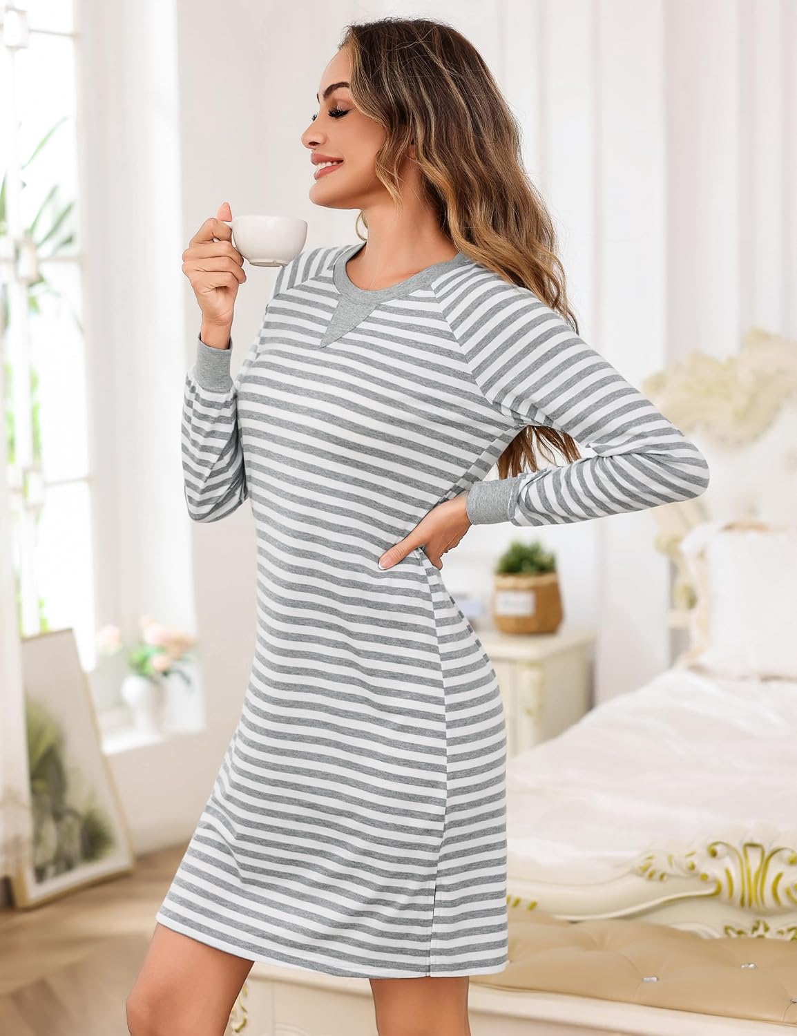 Detalle 2 de Bresdk Camicia da Notte Donna Manica Lunga S-3XL