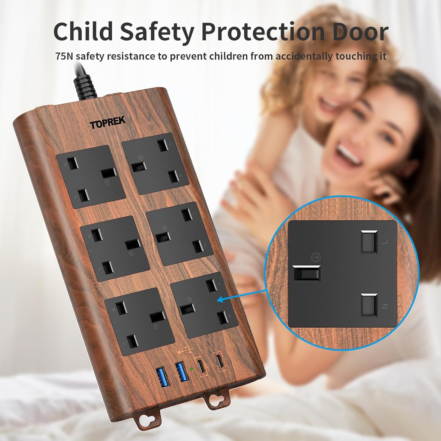 Thumbnail 6 de TOPREK Wood Grain 6-Way Extension Lead with 2USB-C, 2USB-A & Surge Protection (2m, Brown)
