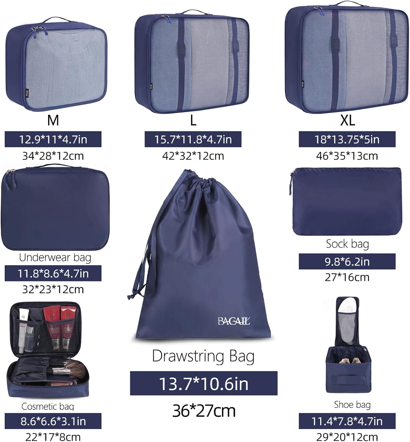 Detalle de BAGAIL 8-teiliger Packwürfel-Set mit Kleidertaschen & Kofferorganizer (Packing Cubes)