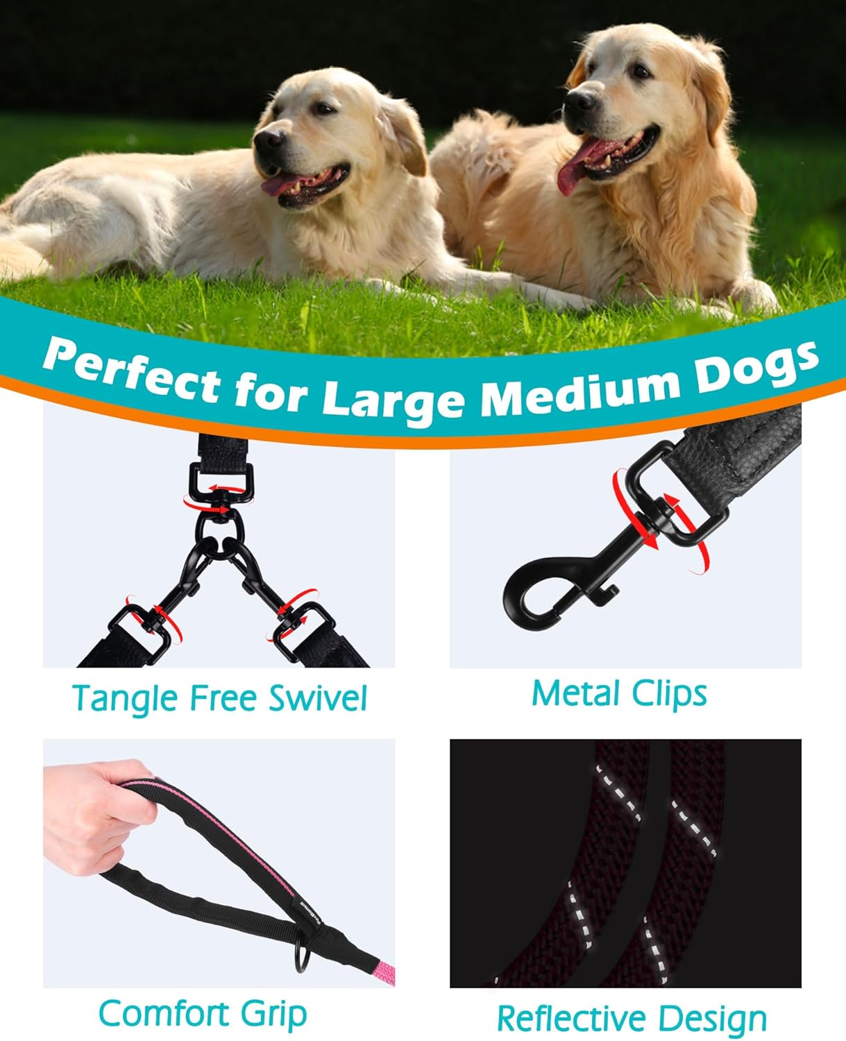 Thumbnail 1 de PetBonus Rope Double Dog Lead (No Tangle) with Reflective Handles and 360° Swivel Clip