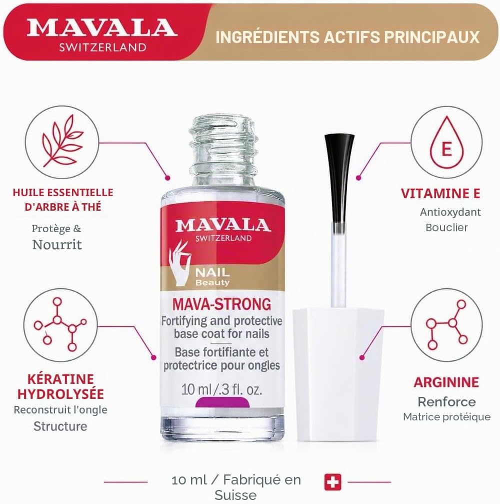 Detalle de Mavala Base Fortifiante et Protectrice Mava-Strong pour Ongles Fins, Mous, Cassants – Vernis Fortifiant Incolore 10 ml