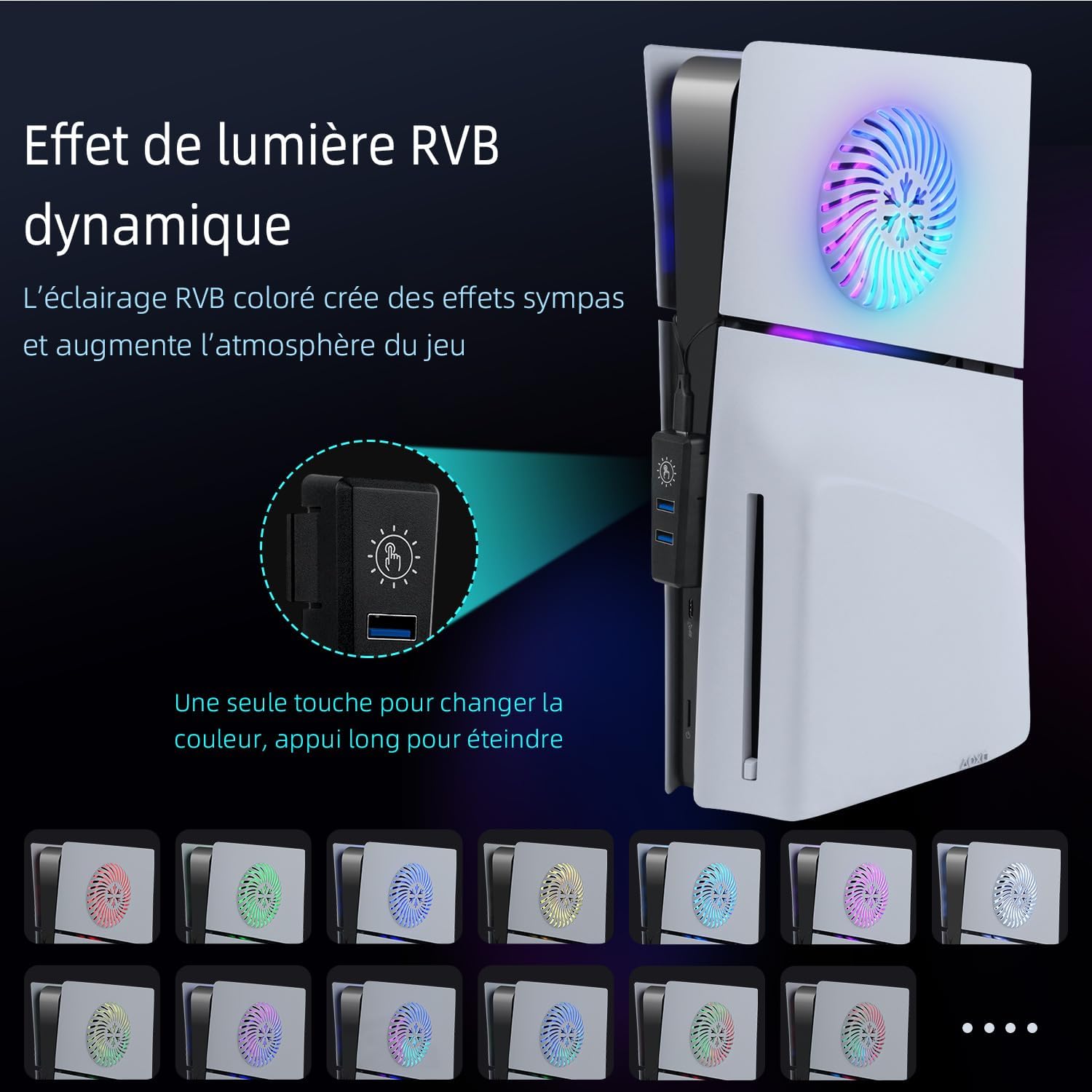 Thumbnail 4 de Kit accessoires LED RGB Mcbazel pour PS5 Slim (disque/numérique) : bande lumineuse, plaque de refroidissement et hub USB 2 ports, blanc
