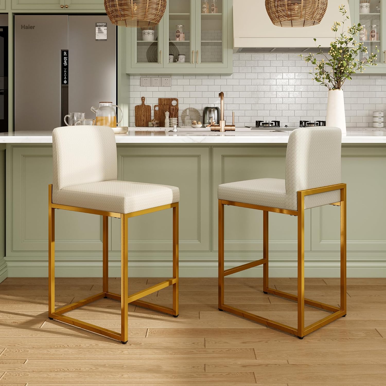 Thumbnail 6 de ALPHA HOME 24" Bar Stools Set of 2 with Backs, PU Leather Kitchen Stools and Footrest (Black)