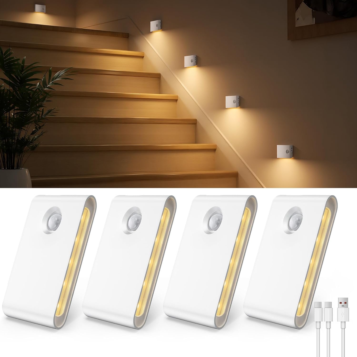 Detalle de EZVALO NL01-Non-linked 4-Pack Motion Sensor Night Lights, 1500 mAh, 3000K