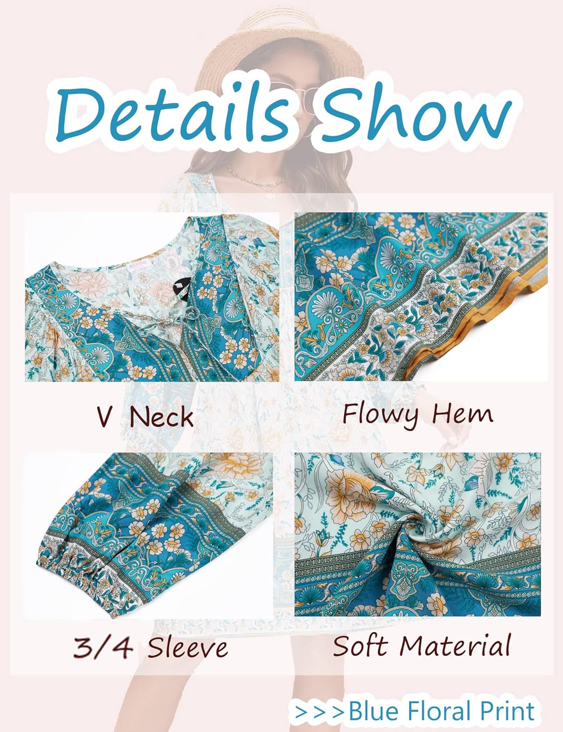 Thumbnail 5 de Bluetime Women Casual Summer Dress Boho V Neck 3/4 Sleeve Babydoll Floral Print Flowy Beach Dress