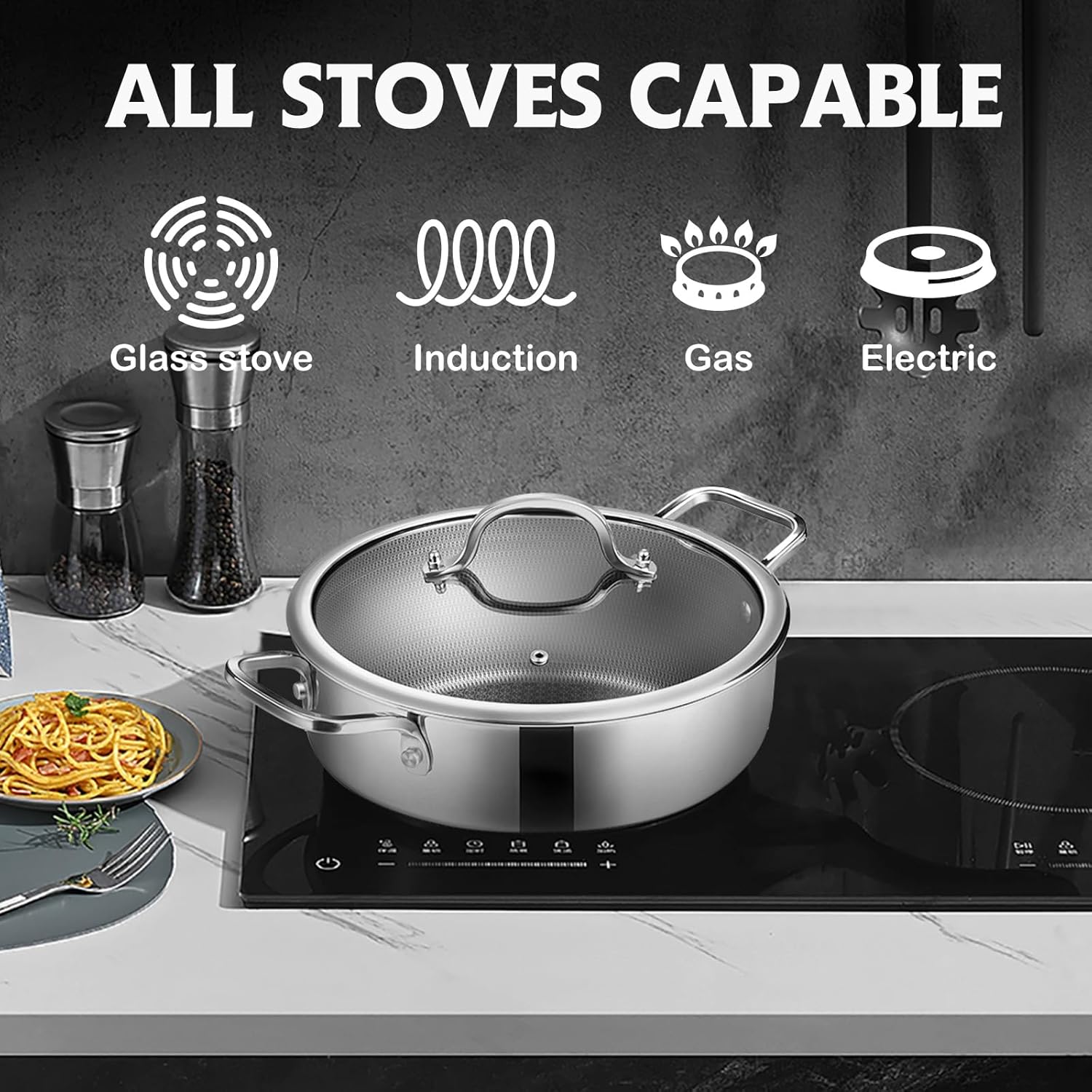 Detalle de Saute Pan, Hybrid Non-Stick 5 Quart Everyday Braiser with Lid — 12 inch Deep Frying Pan, PFOA Free, Induction Safe