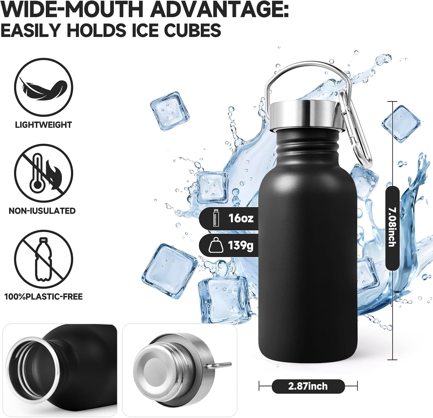 Detalle de Volhoply vattenflaska 500 ml, 2-pack i svart rostfritt stål