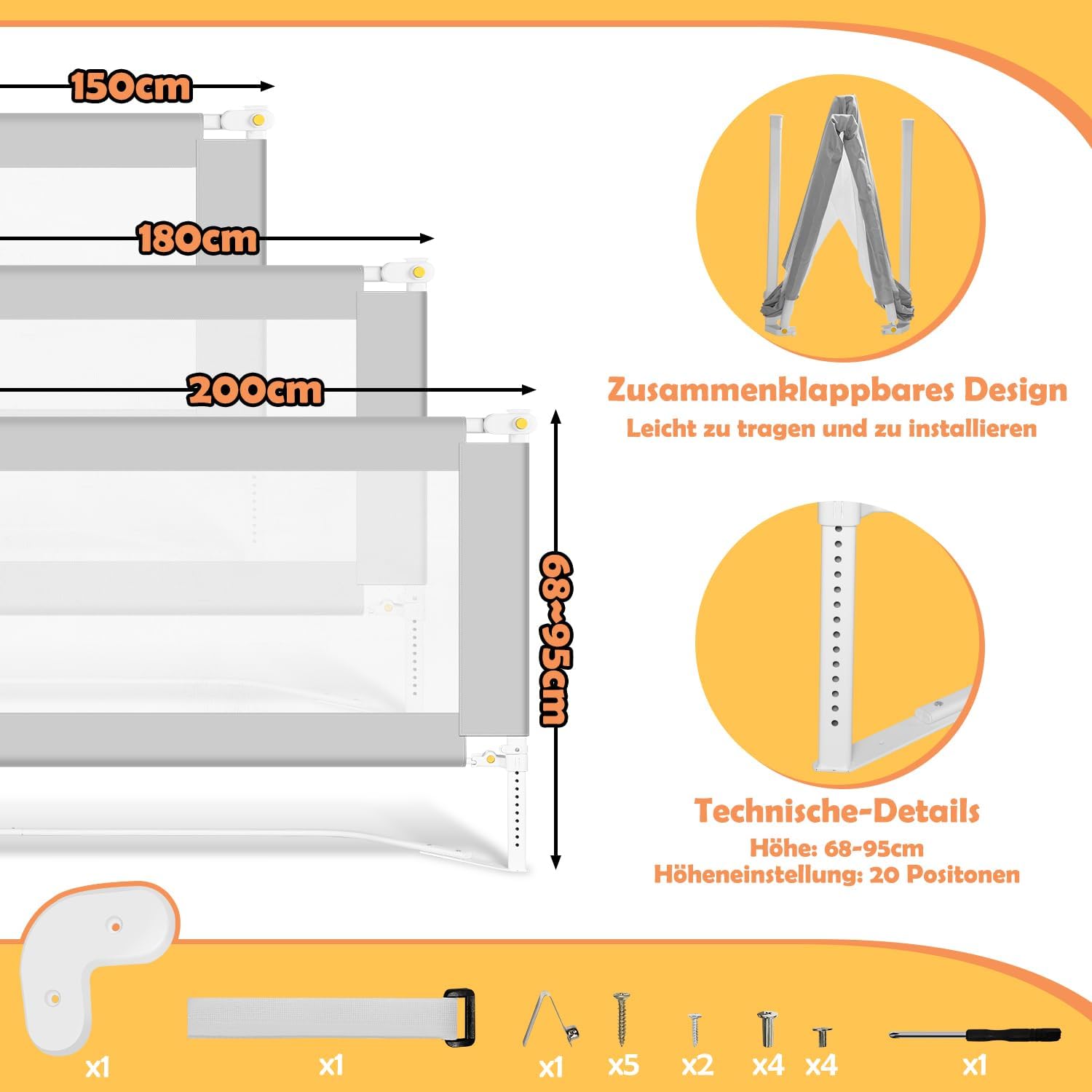 Thumbnail 4 de Ikodm Bettgitter Klappbar mit U-förmiger Basis – höhenverstellbar 68–95 cm, 200 cm + 180 cm (Grau)