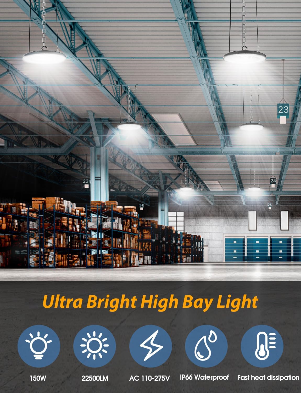 Detalle 2 de WILLGOTOP LED High Bay Lights, 150W UFO Shop Lights, 6500K, IP66, 4-Pack